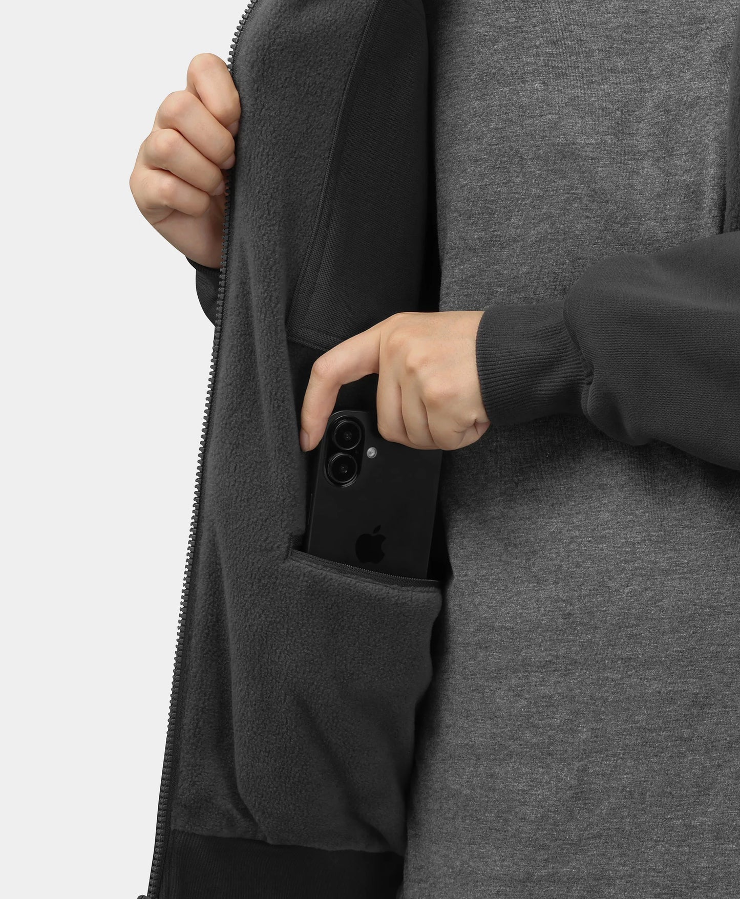 Interior pocket detail of men’s ororo heated hoodie showing phone storage compartment