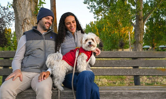Pet owner sitting on a bench resting with dog wearing a heated vest