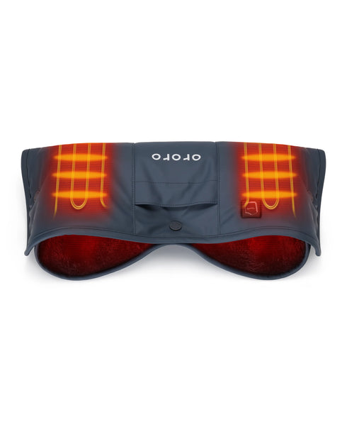 Dark navy ORORO heated muff displaying illuminated orange heating zones ,view 2