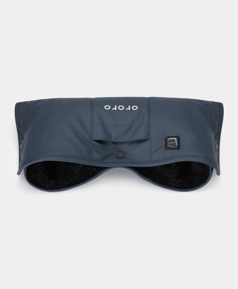 A navy blue ororo hand warmer with a black fleece lining, featuring a front pocket with the brand name 'ororo' in white and a small power button on the side. ,view 1