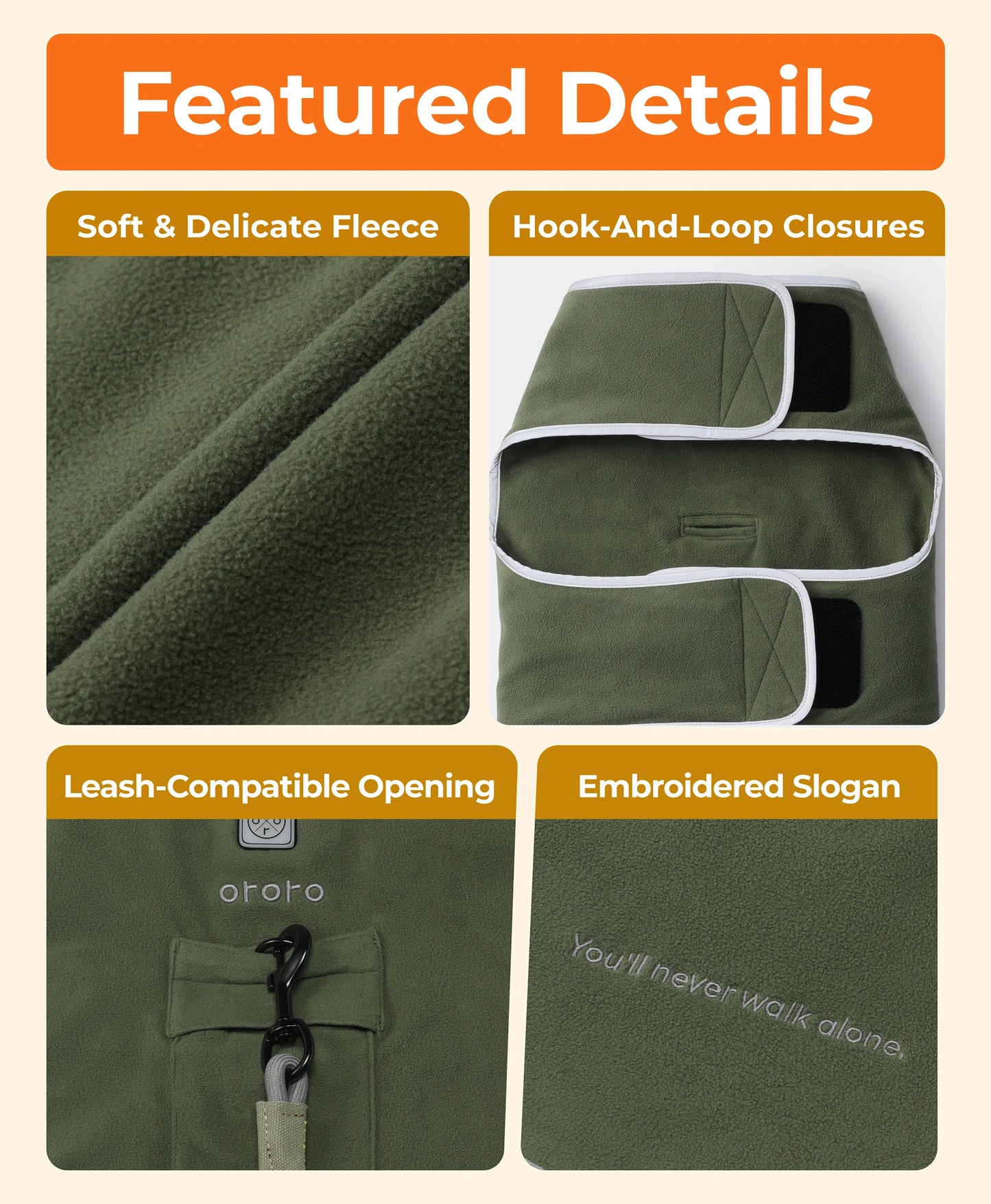 Soft Fleece, Hook-and loop Closures, Leash-compatible Opening, Embroidered Slogan