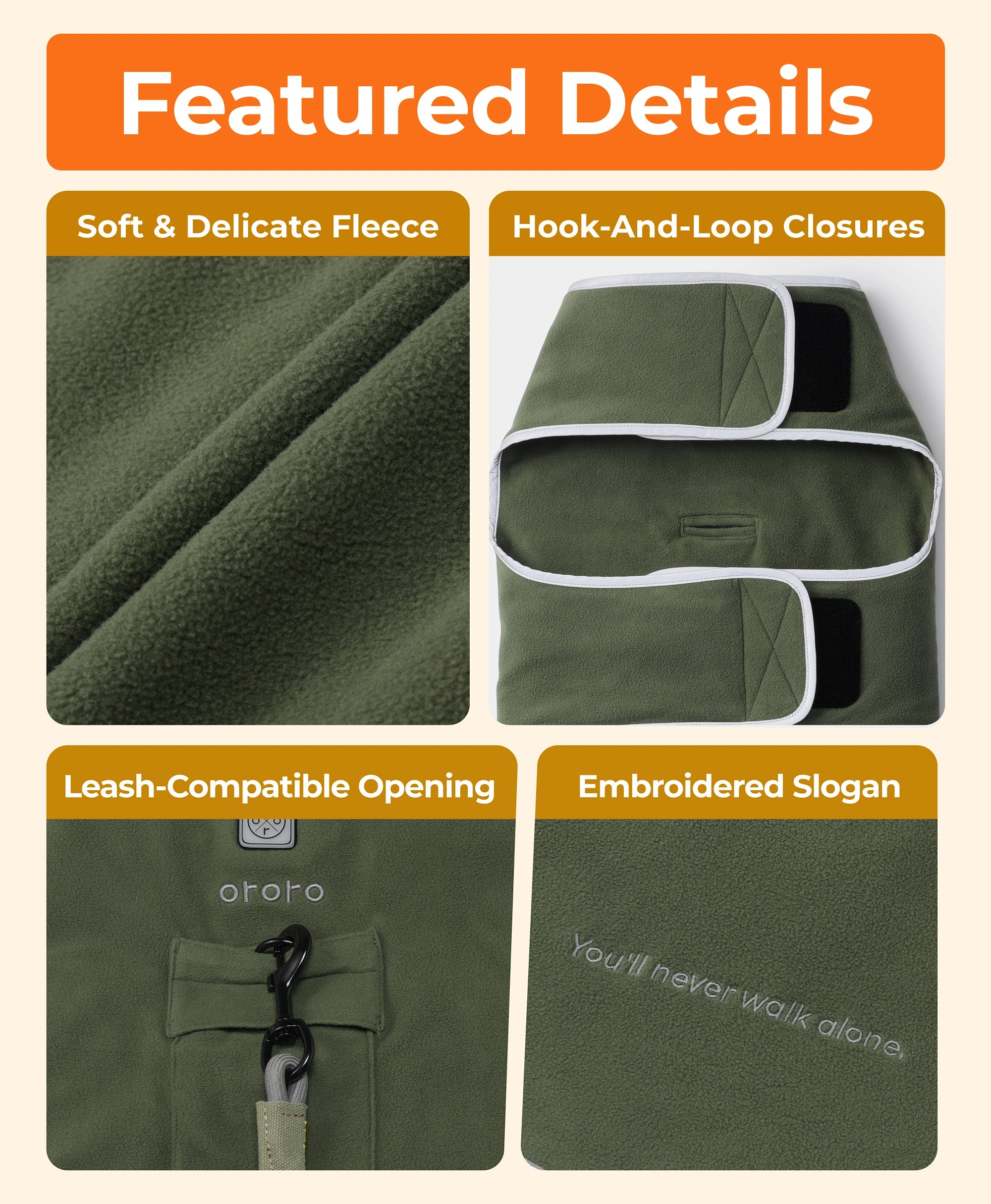 Soft Fleece, Hook-and loop Closures, Leash-compatible Opening, Embroidered Slogan