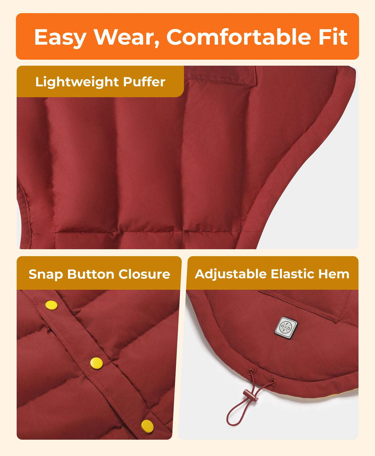 Featured details of red ororo heated dog vest showing lightweight puffer insulation, snap button closure and adjustable elastic hem