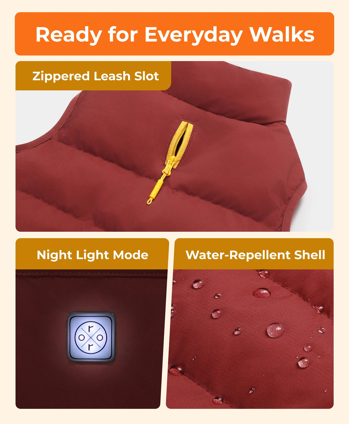 Featured details of red ororo heated dog vest showing zippered leash slot, night light mode andwater-repellent shell