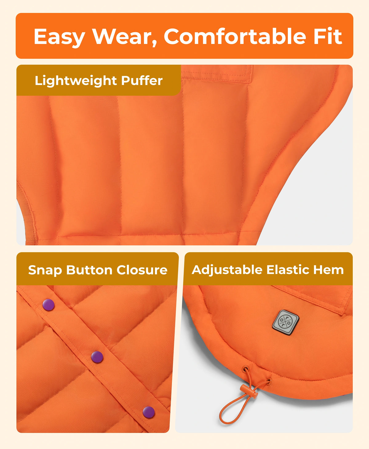 Featured details of orange ororo heated dog vest showing lightweight puffer insulation, snap button closure and adjustable elastic hem