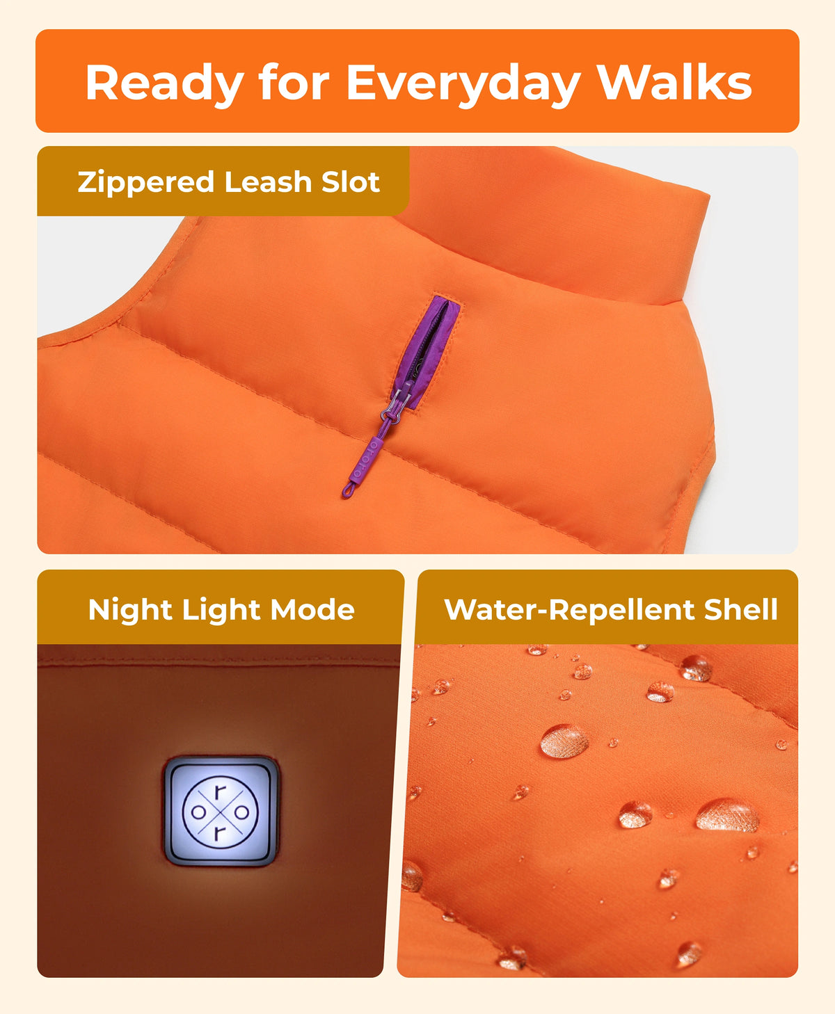 Featured details of orange ororo heated dog vest showing zippered leash slot, night light mode andwater-repellent shell