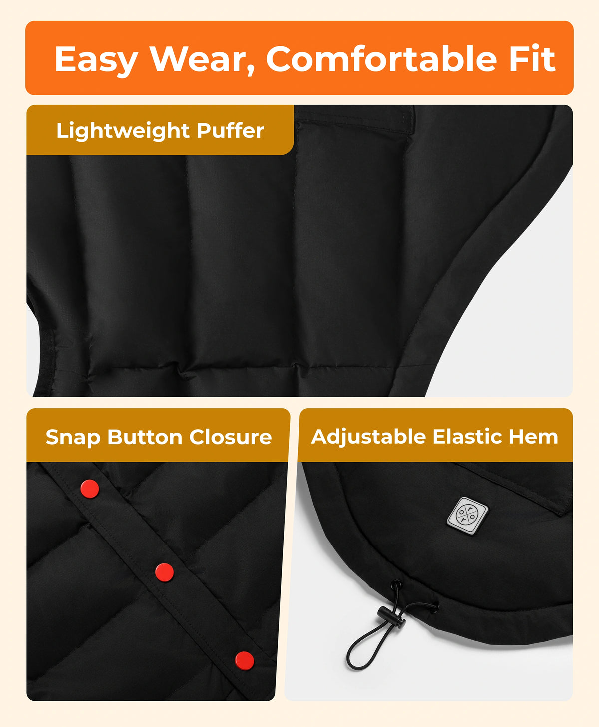 Featured details of black ororo heated dog vest showing lightweight puffer insulation, snap button closure and adjustable elastic hem