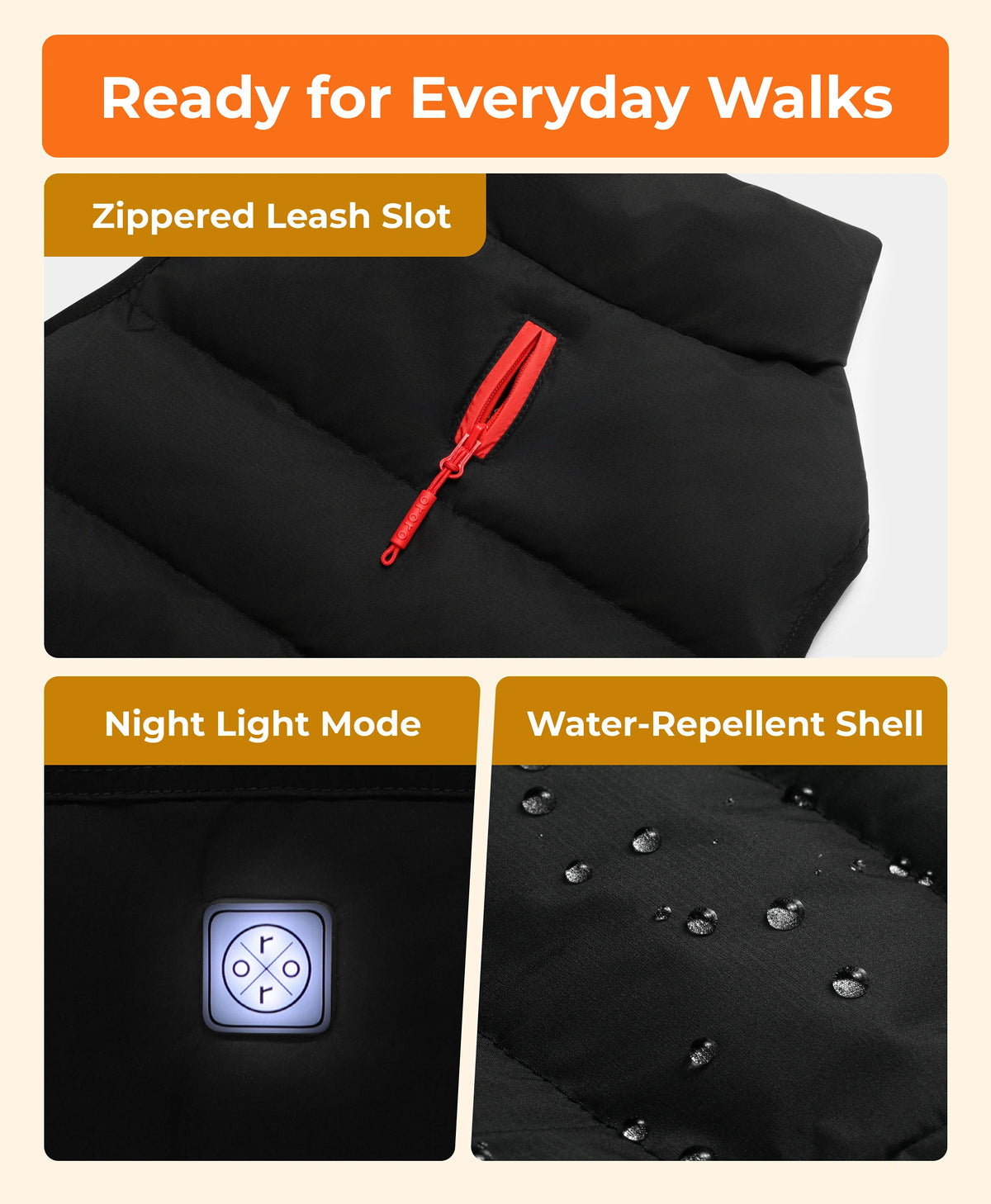 Featured details of black ororo heated dog vest showing zippered leash slot, night light mode andwater-repellent shell