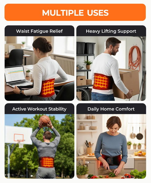 Multiple uses images of black ororo Evergard Heated Waist Band 