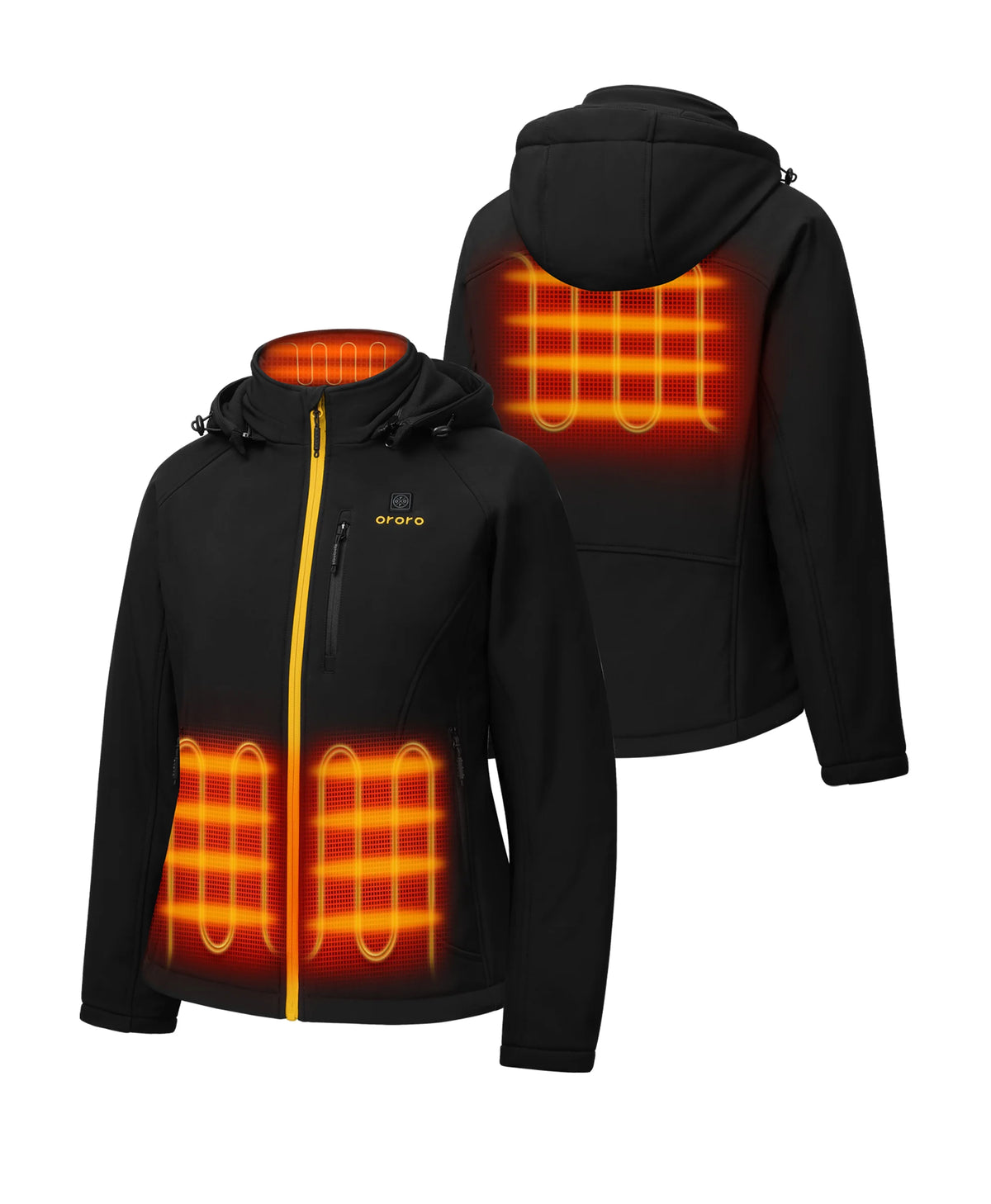 ororo Women's Classic Heated Jacket 2.0 showing four heating zones at the collar, front pockets, and back.