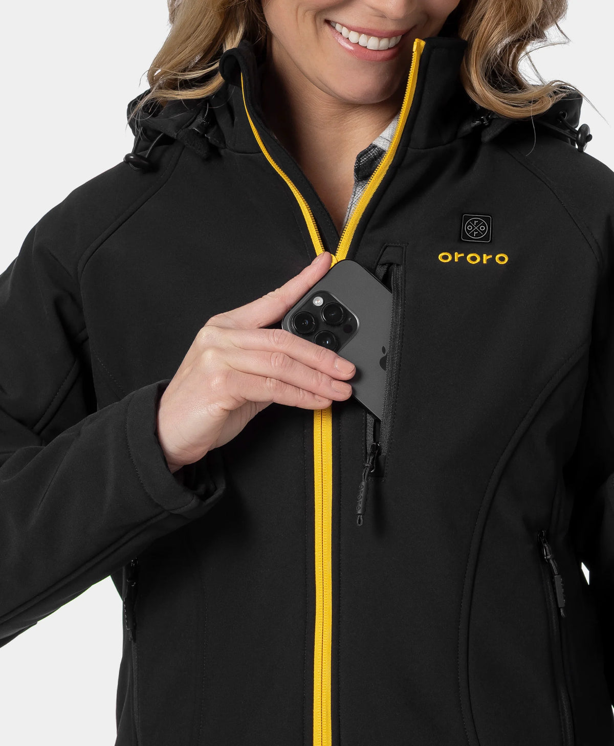 ororo Women's Classic Heated Jacket with yellow zipper and zippered chest pocket holding a smartphone.