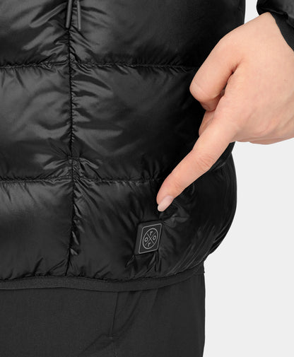 Discrete power button located near left hem