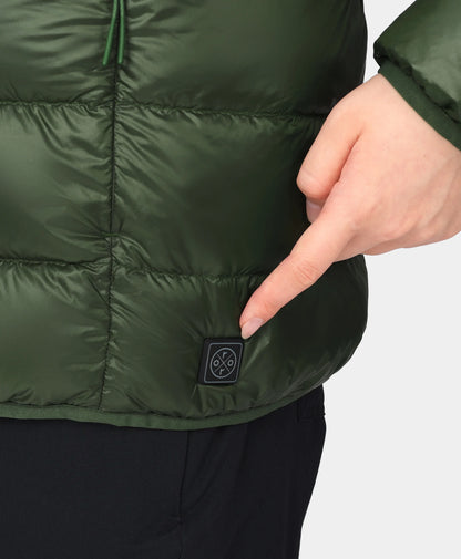 Discrete power button located near left hem