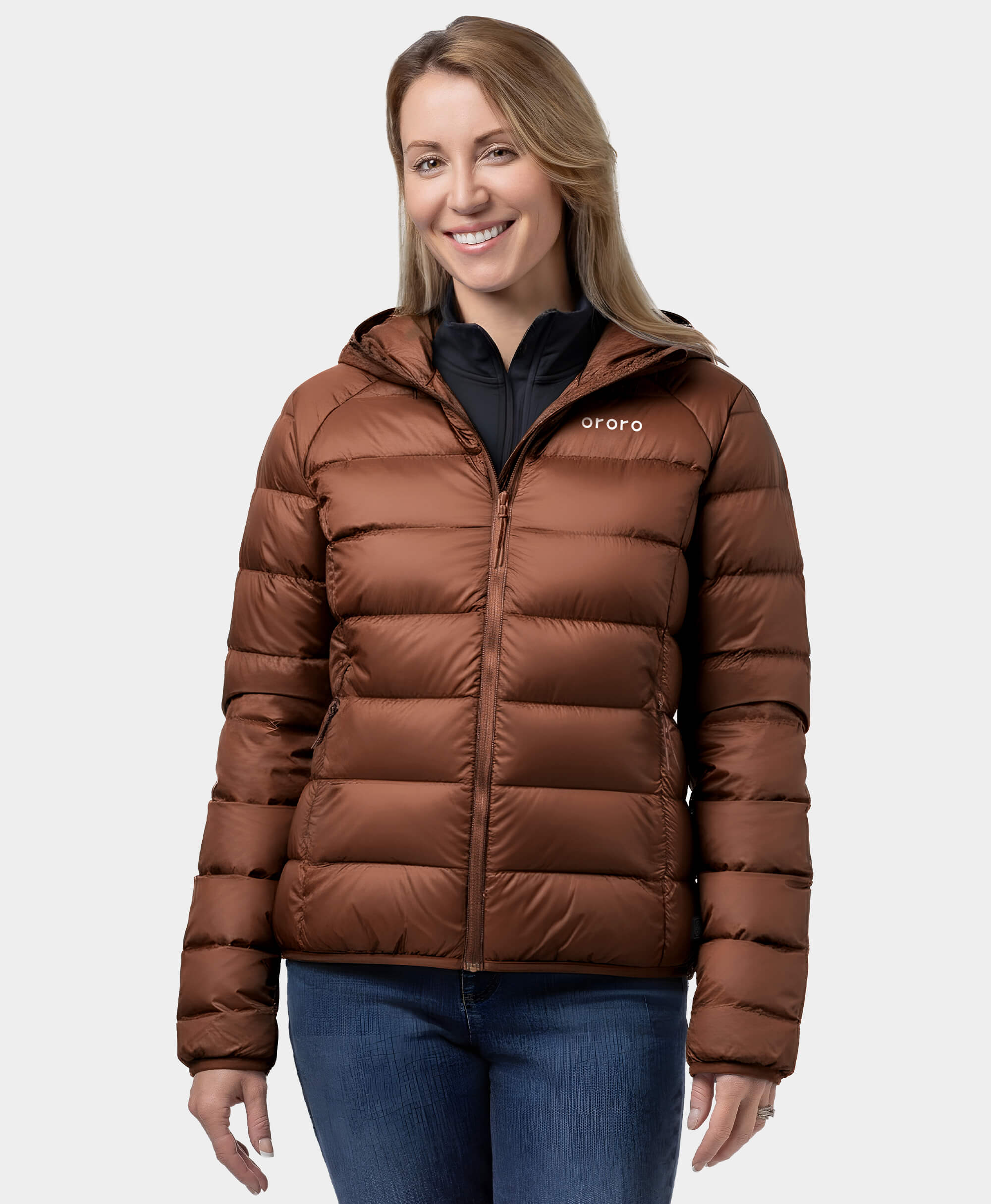 Front view of brown Aero Women's 4-Zone Packable Heated Down Jacket