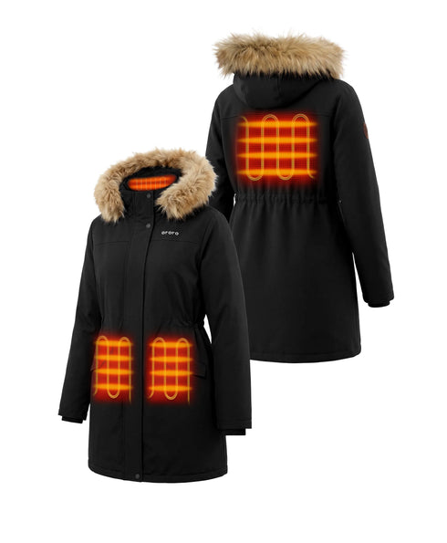 Front and back view of ororo Heated Parka showing 4 Heating Zones (Left & Right Hand Pockets, Mid-Back, and Collar)