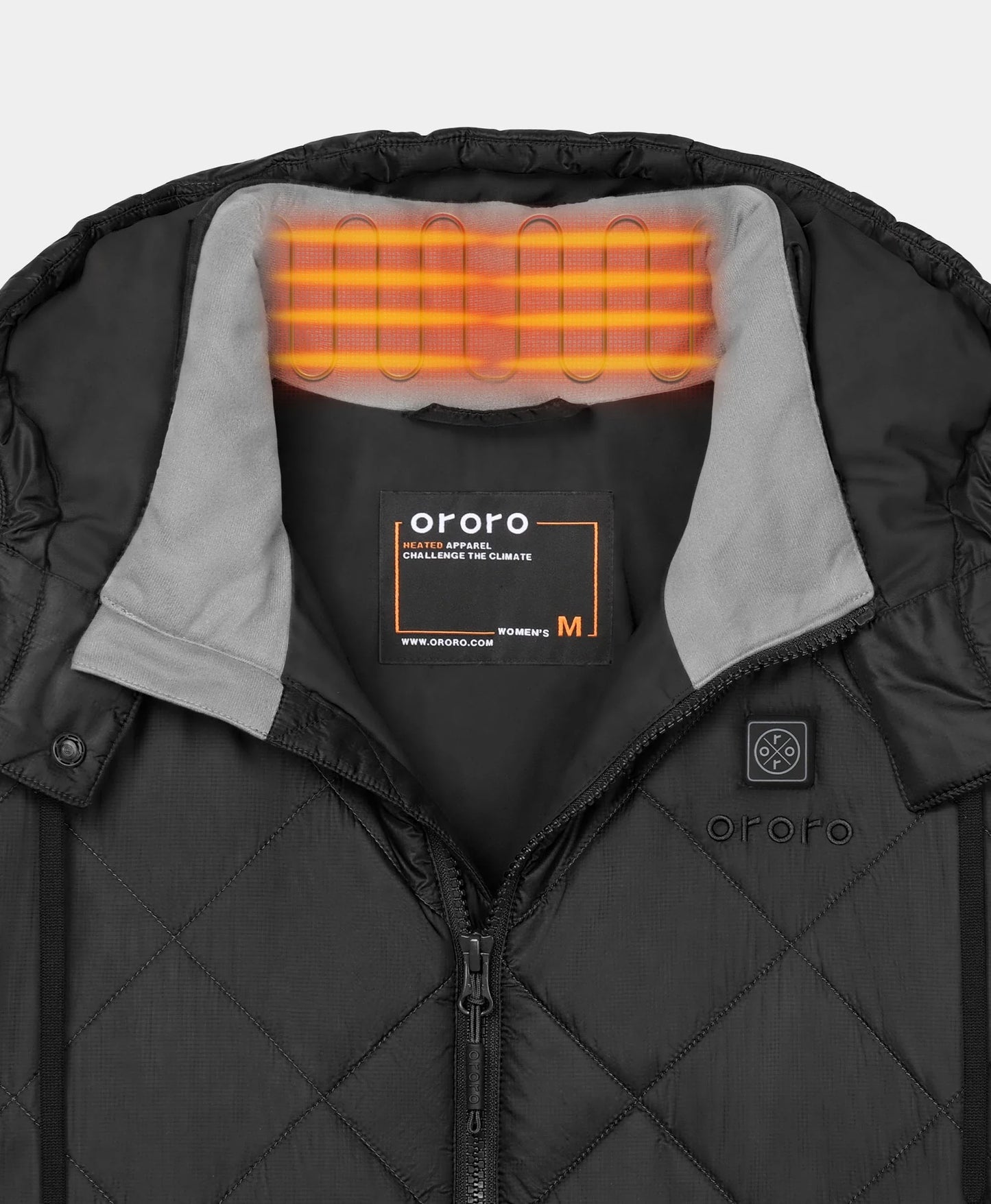 Close-up of Black Uptown Women's Heated Parka showing the heated collar element and interior neck lining