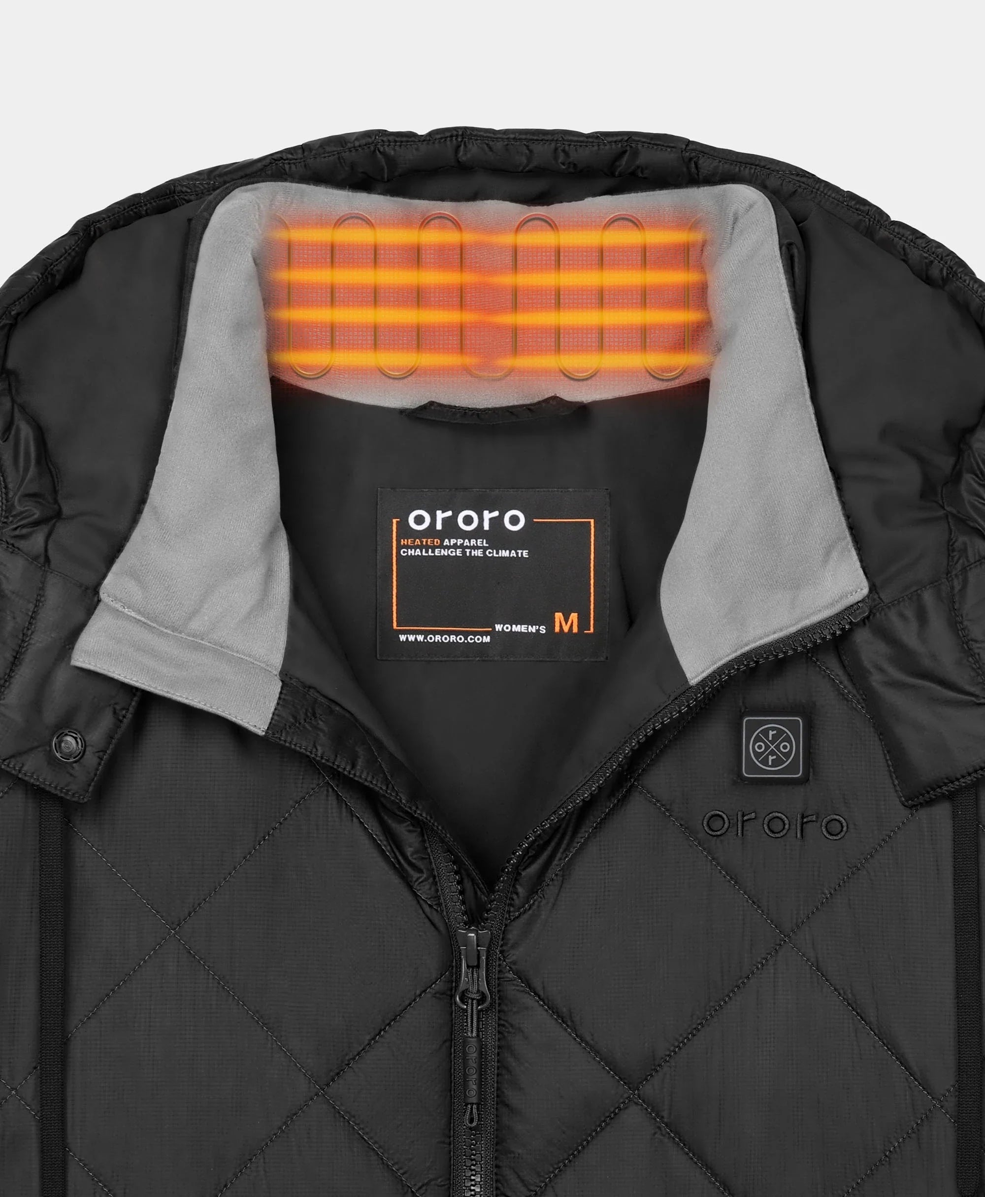 Close-up of Black Uptown Women's Heated Parka showing the heated collar element and interior neck lining