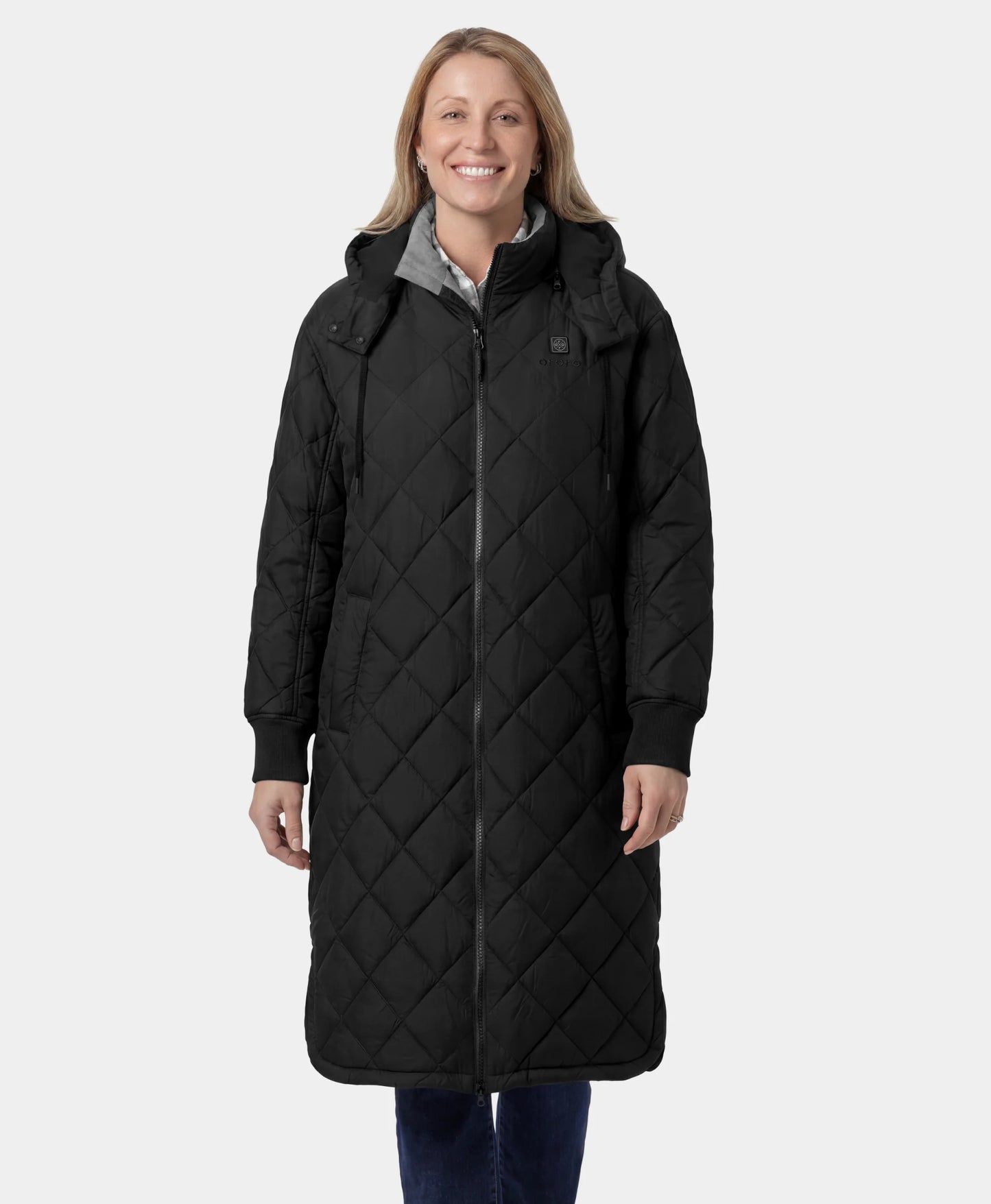 Front view of black Uptown Women's 4-Zone Heated Parka w/ Removable Hood