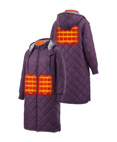 Front and back view of purple Uptown Women's 4-Zone Heated Parka w/ Removable Hood shwoing 4 heating zones
