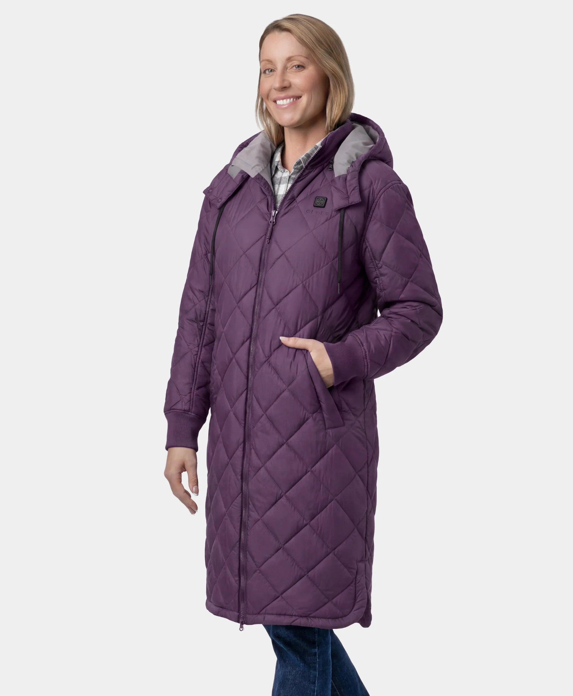 Front view of purple Uptown Women's 4-Zone Heated Parka w/ Removable Hood