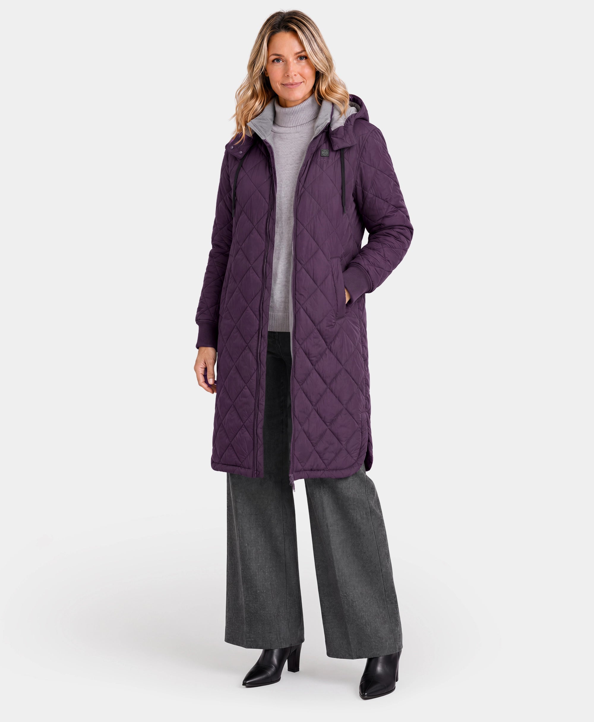 Front view of purple Uptown Women's 4-Zone Heated Parka w/ Removable Hood