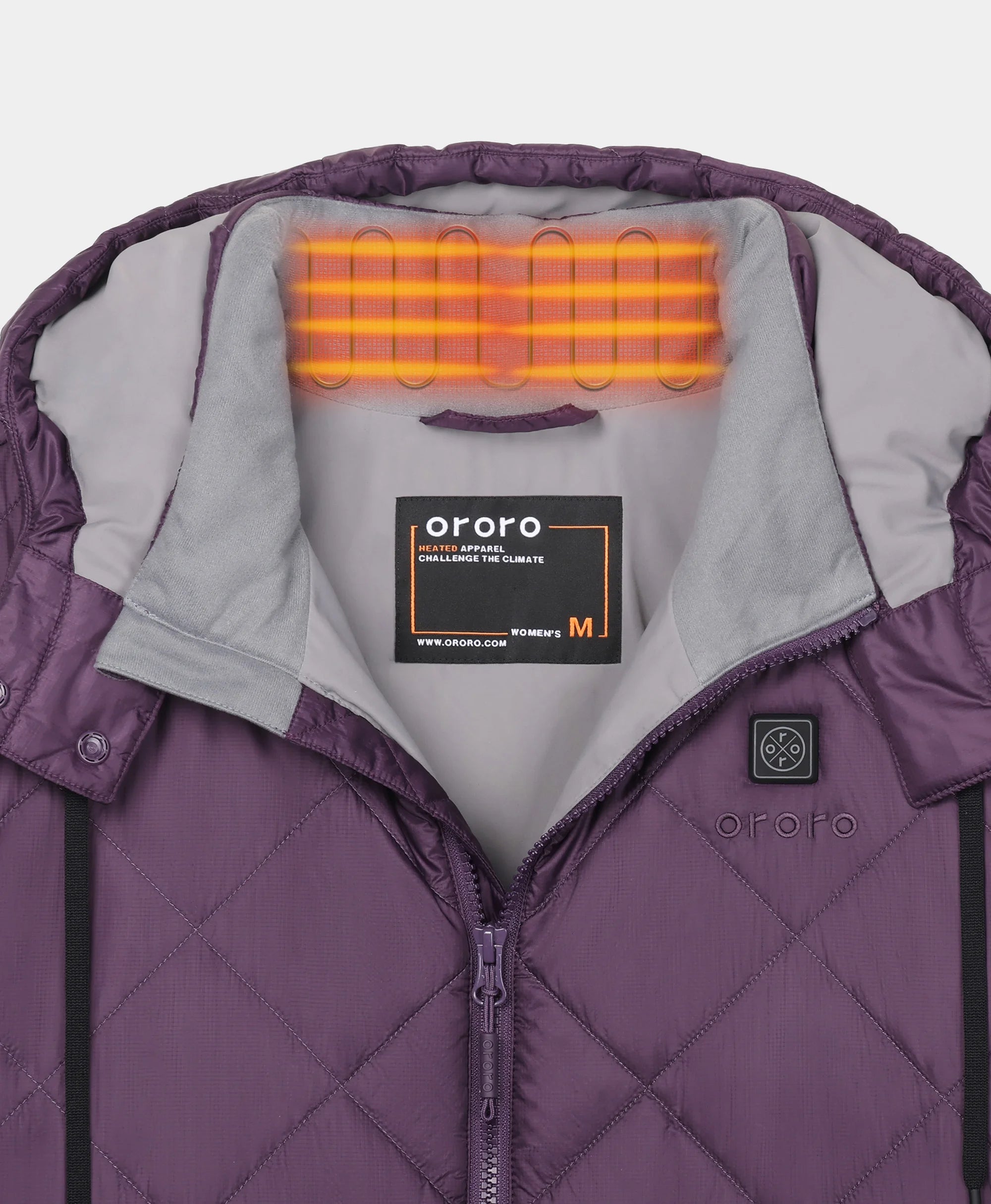 Close-up of purple Uptown Women's Heated Parka showing the heated collar element and interior neck lining