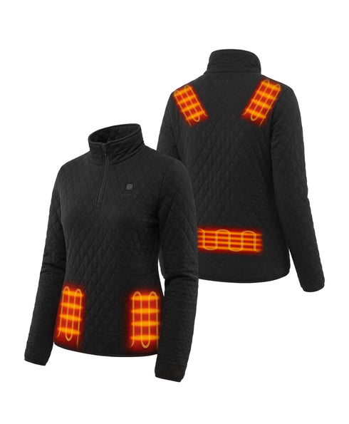 Front and back view of an ororo black quilted heated pullover showing heating zones.