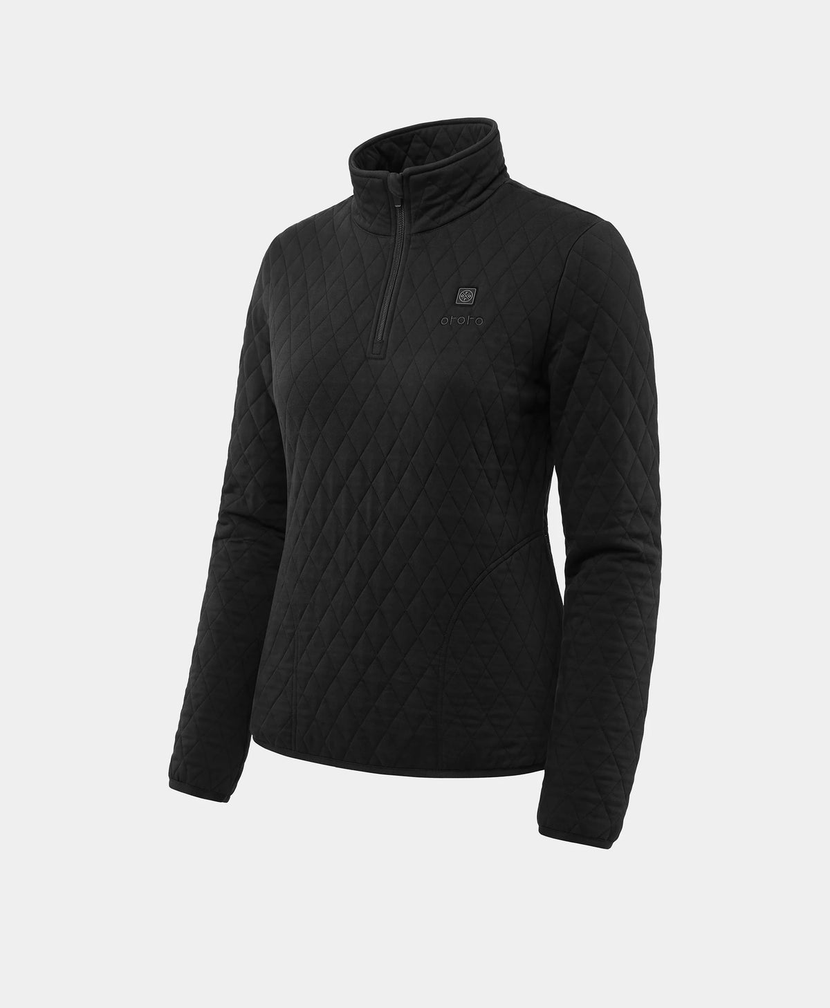 Front view of a black quarter-zip quilted heated pullover against a light gray background