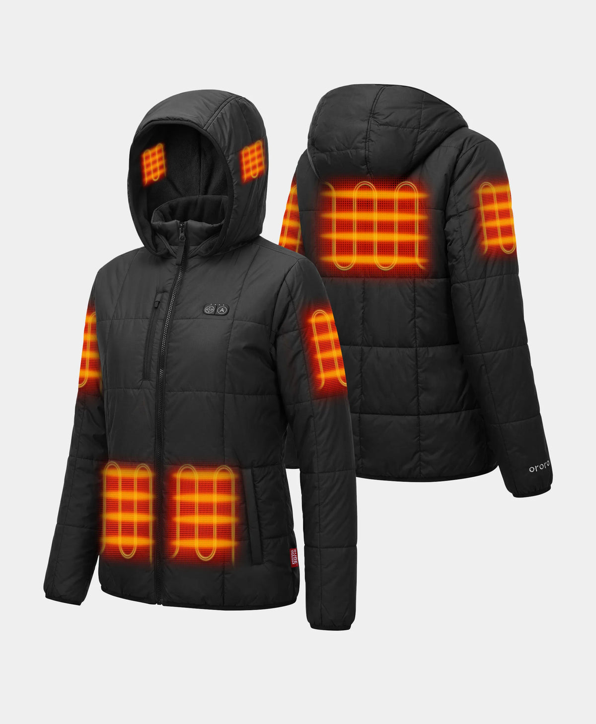 Front and back view of Overland Women's 7-Zone Heated Jacket showing orange heating zones on hood, back, arms, and front pockets
