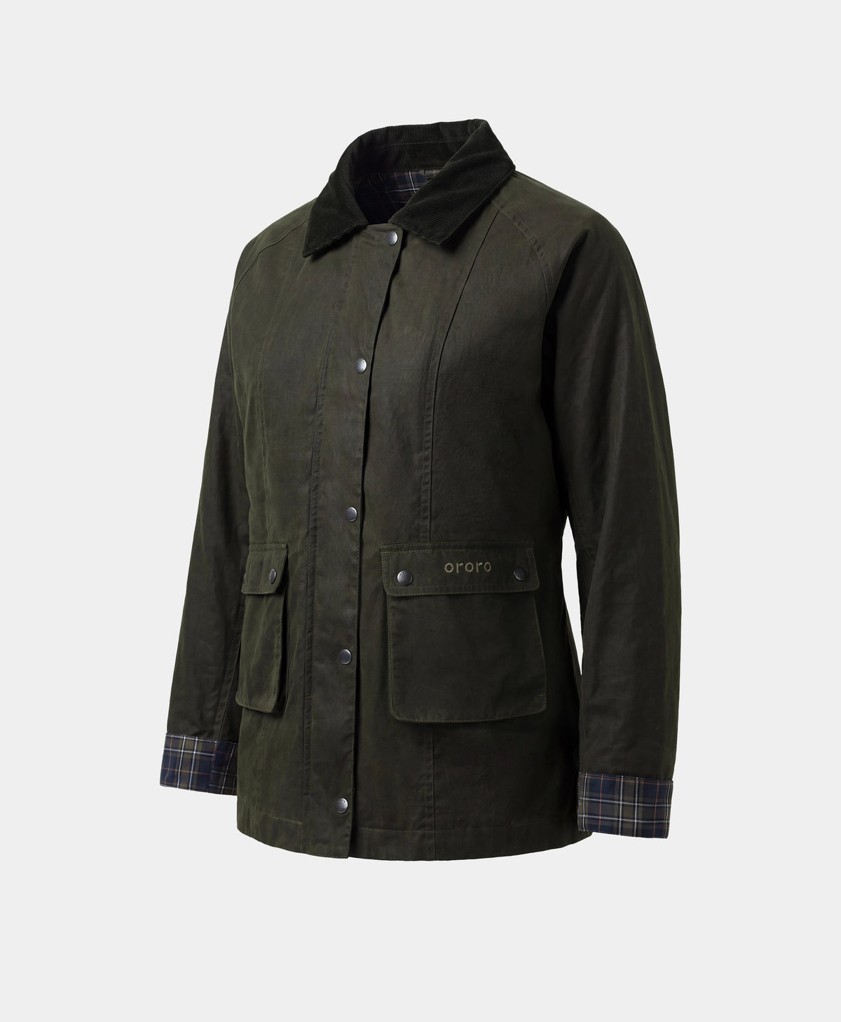 Front view of ororo dark green heated jacket with corduroy collar and plaid cuffs