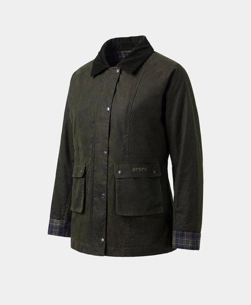 Front view of ororo dark green heated jacket with corduroy collar and plaid cuffs ,view 1