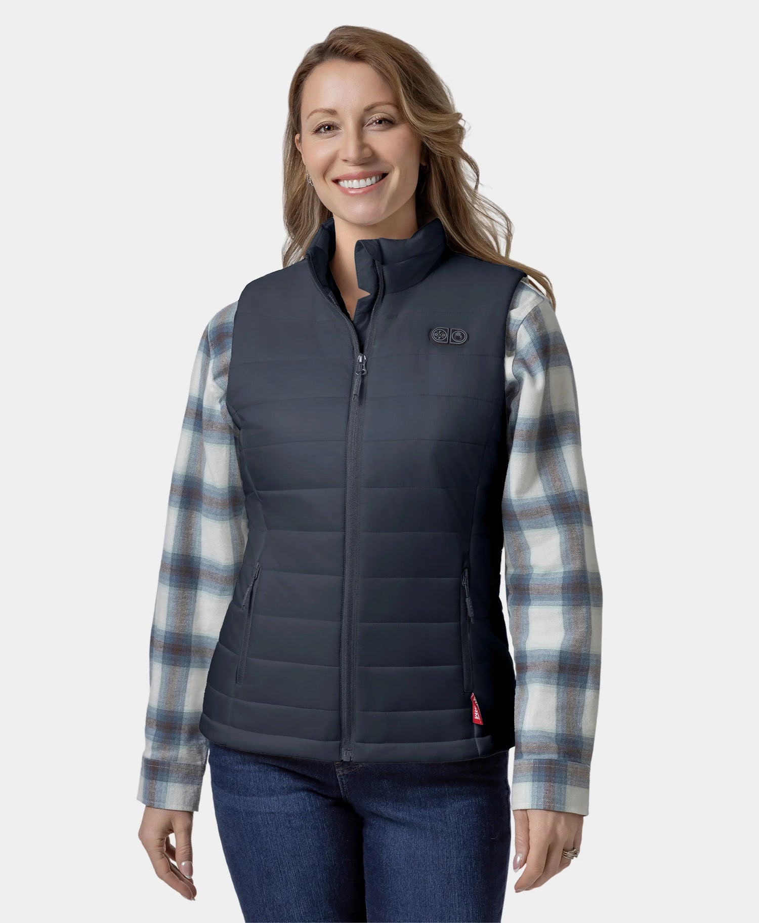 Front view of woman wearing charcoal slate ororo SureWarm® Women's 7-Zone Dual-Control Classic Pro Heated Vest (Lower Back Heating)