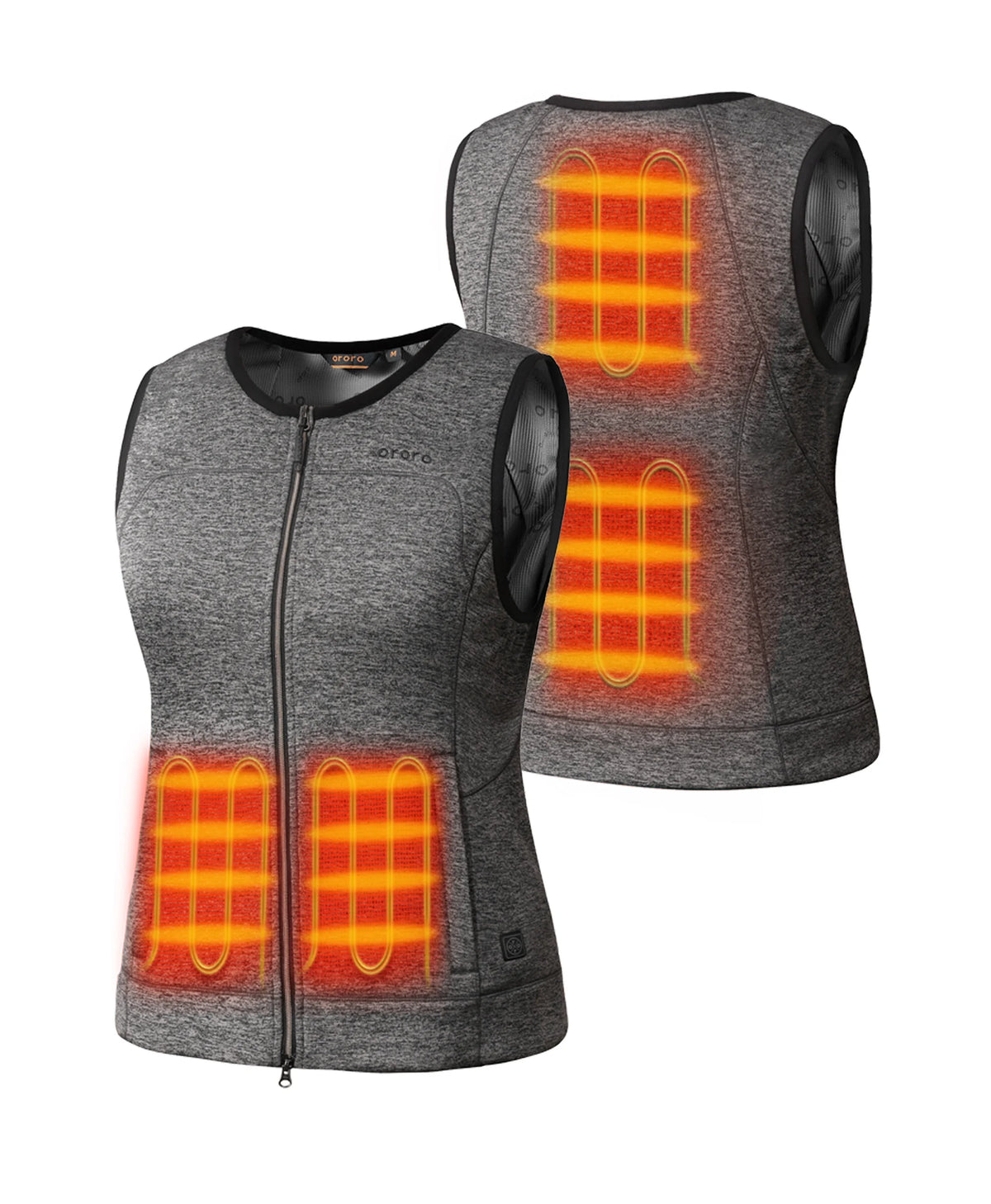 Heather gray women's heated fleece vest displayed with glowing orange heating zones against a plain background