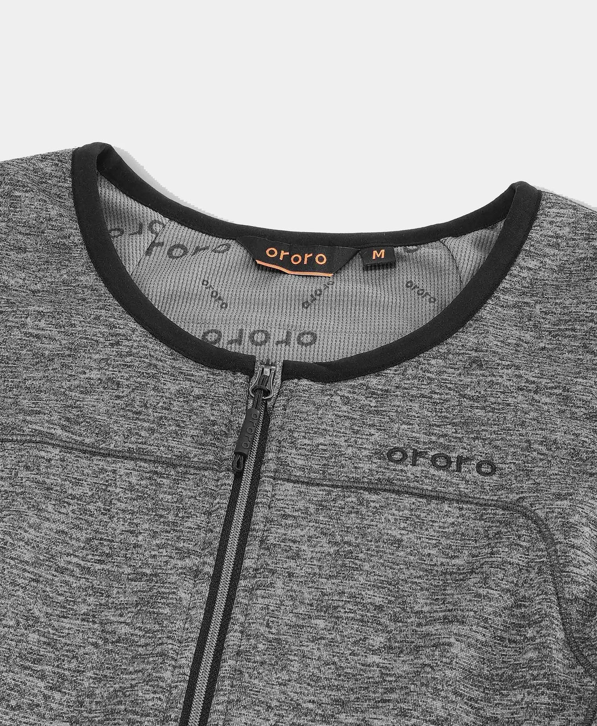 the collar and neckline of a heather gray ororo fleece garment.