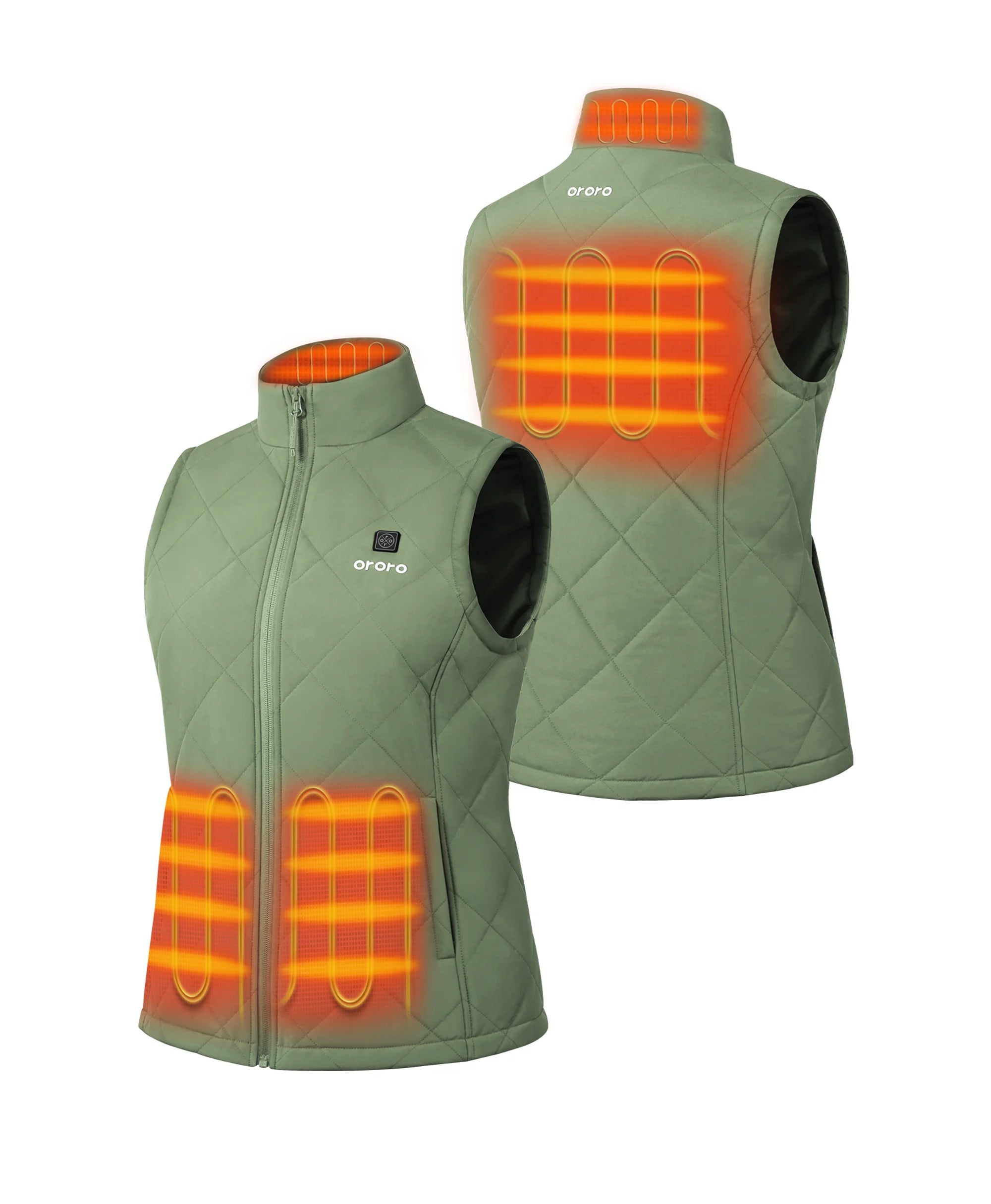 Front and back view of hedge green ororo Women's Heated Quilted Vest with illuminated orange heat zone graphics on collar, back, and pockets