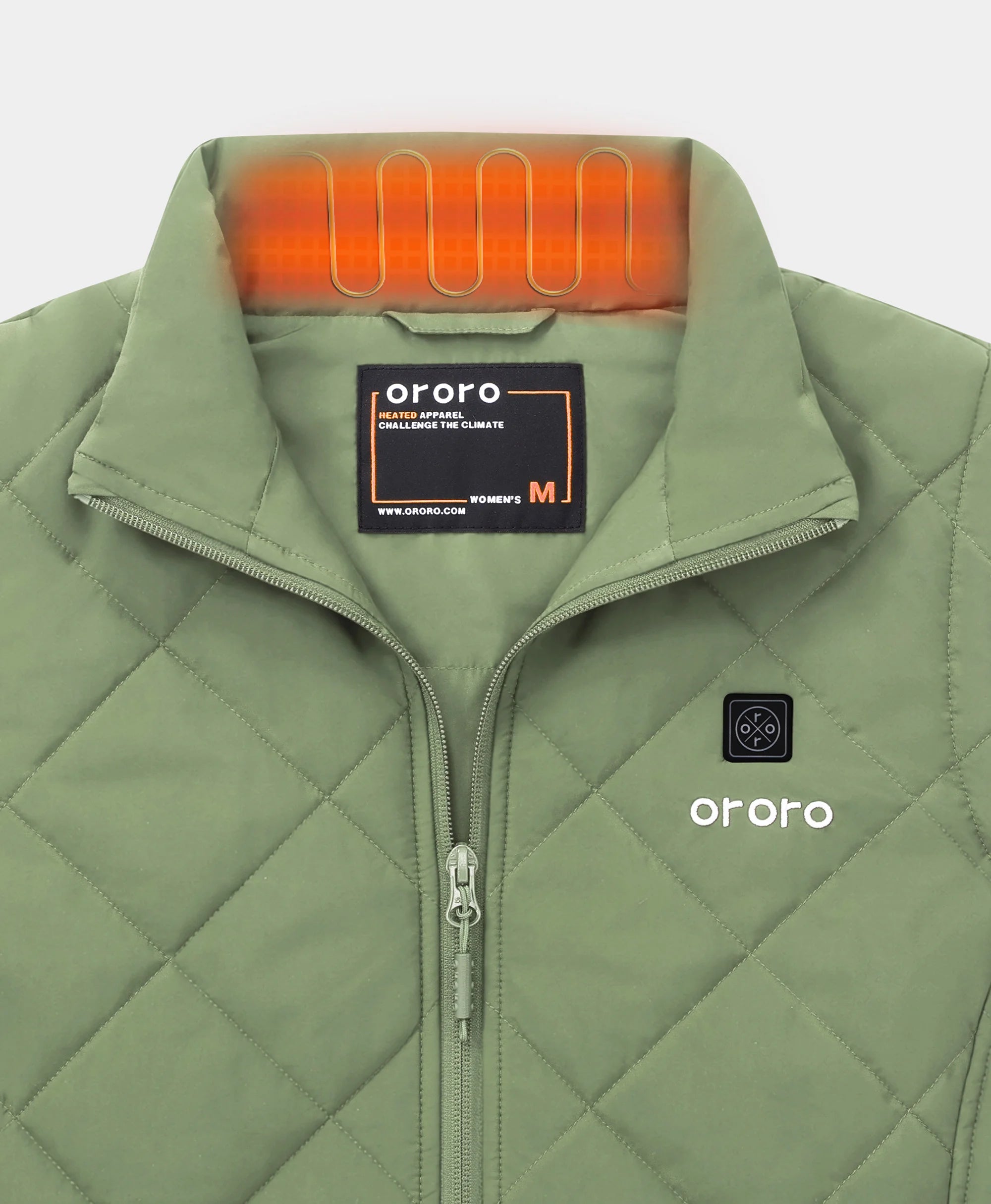 Close-up of hedge green ororo Women's Heated Quilted Vest collar showing illuminated orange heating element overlay and brand label