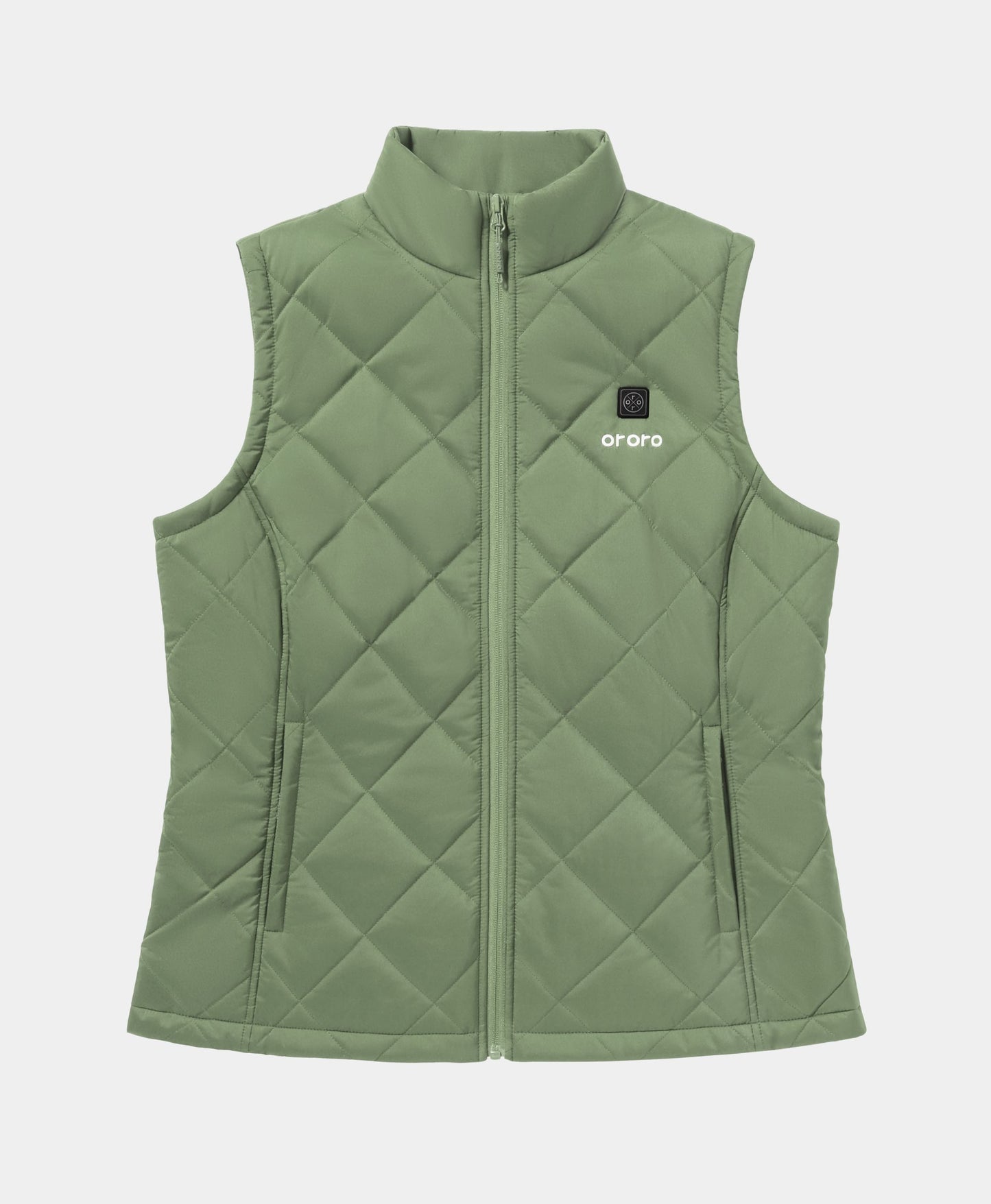 Front view flat lay of an olive green ororo Women's Heated Quilted Vest featuring diamond quilting, stand-up collar, side zipper pockets, and chest logo