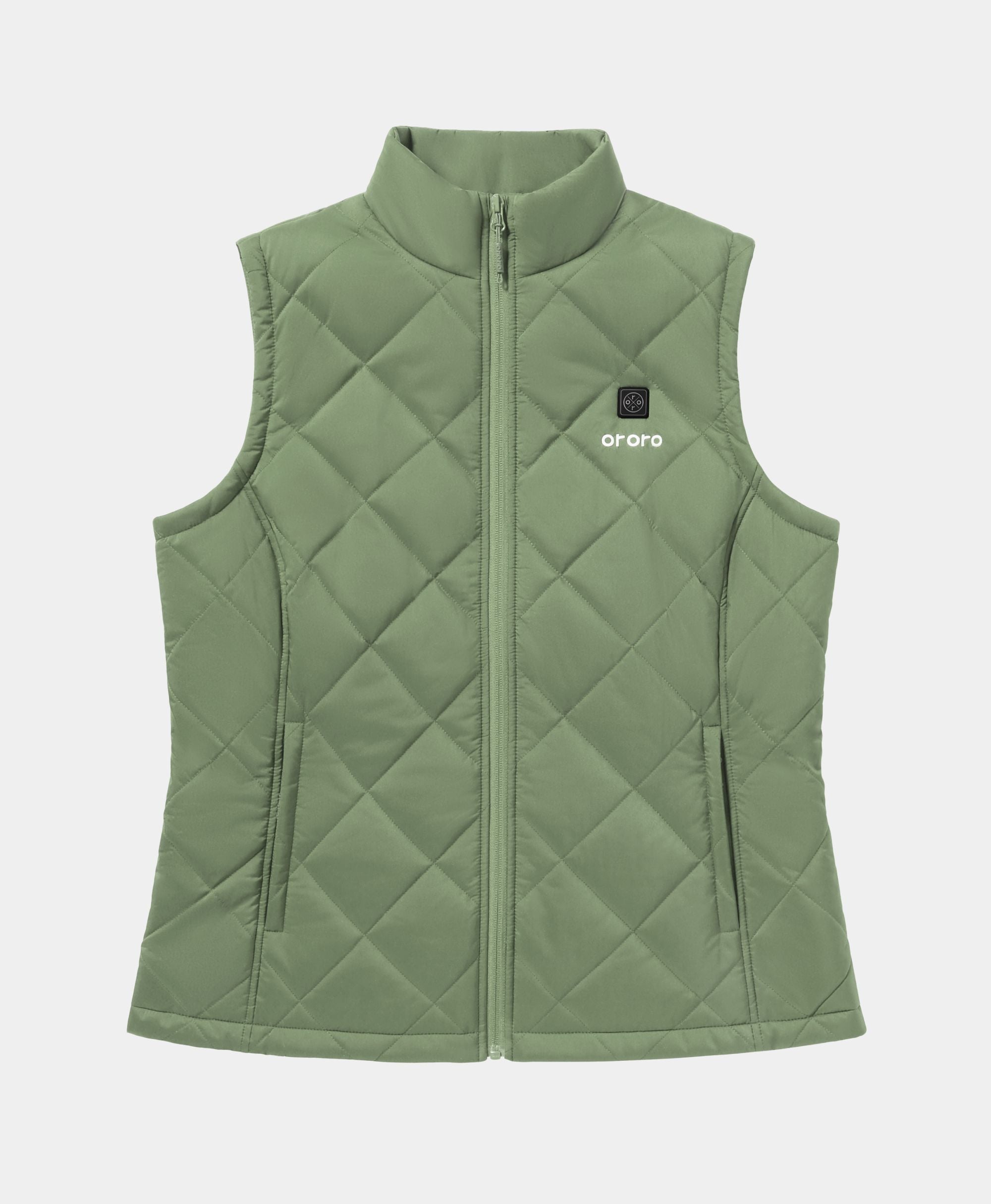 Front view flat lay of an olive green ororo Women's Heated Quilted Vest featuring diamond quilting, stand-up collar, side zipper pockets, and chest logo