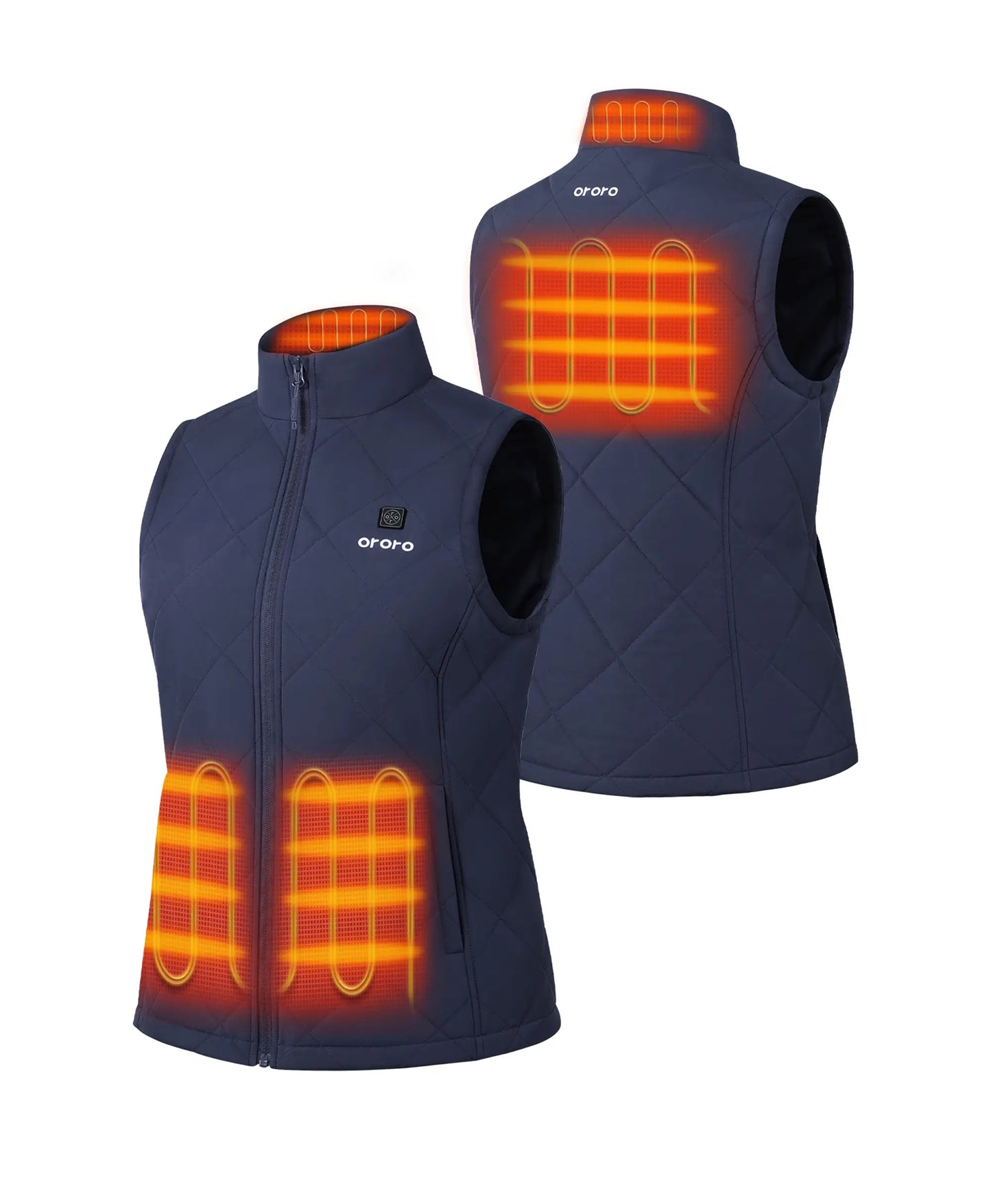 Front and back view of navy blue ororo Women's Heated Quilted Vest with illuminated orange heat zone graphics on collar, back, and pockets