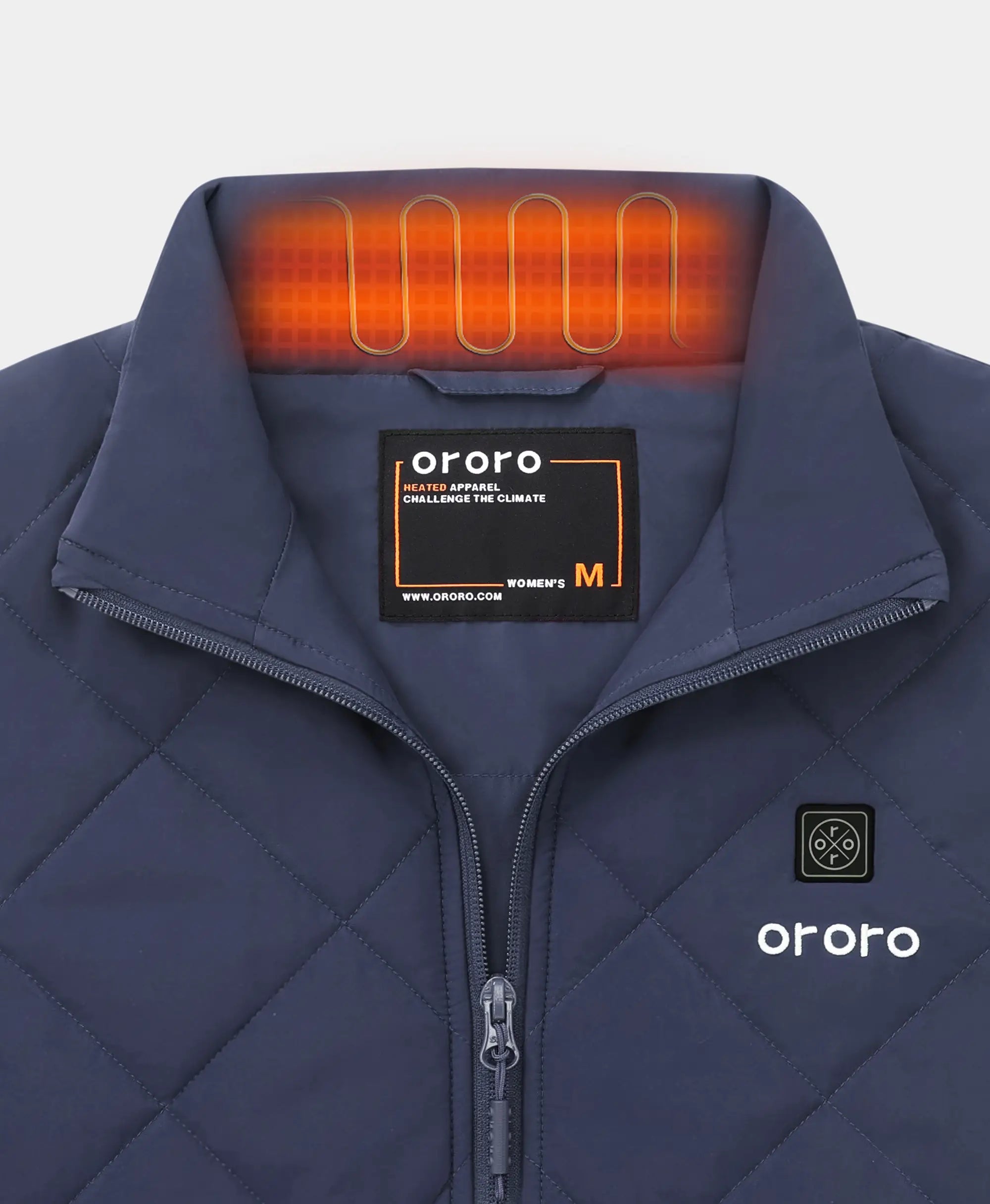Close-up front view of navy blue ororo Women's Heated Quilted Vest featuring heated collar graphic, power logo button, and zippered front