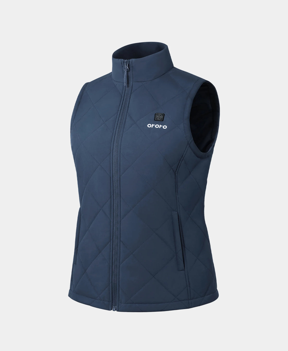 A navy blue diamond-quilted zip-up ororo Women's Heated Quilted Vest displayed against a light gray background