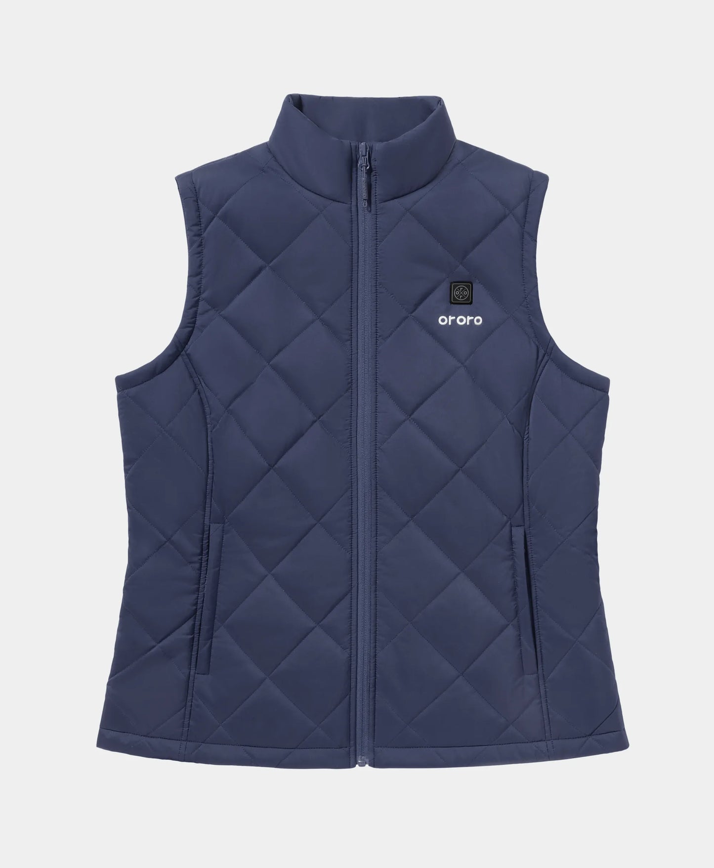 A navy blue diamond-quilted zip-up ororo Women's Heated Quilted Vest displayed against a light gray background