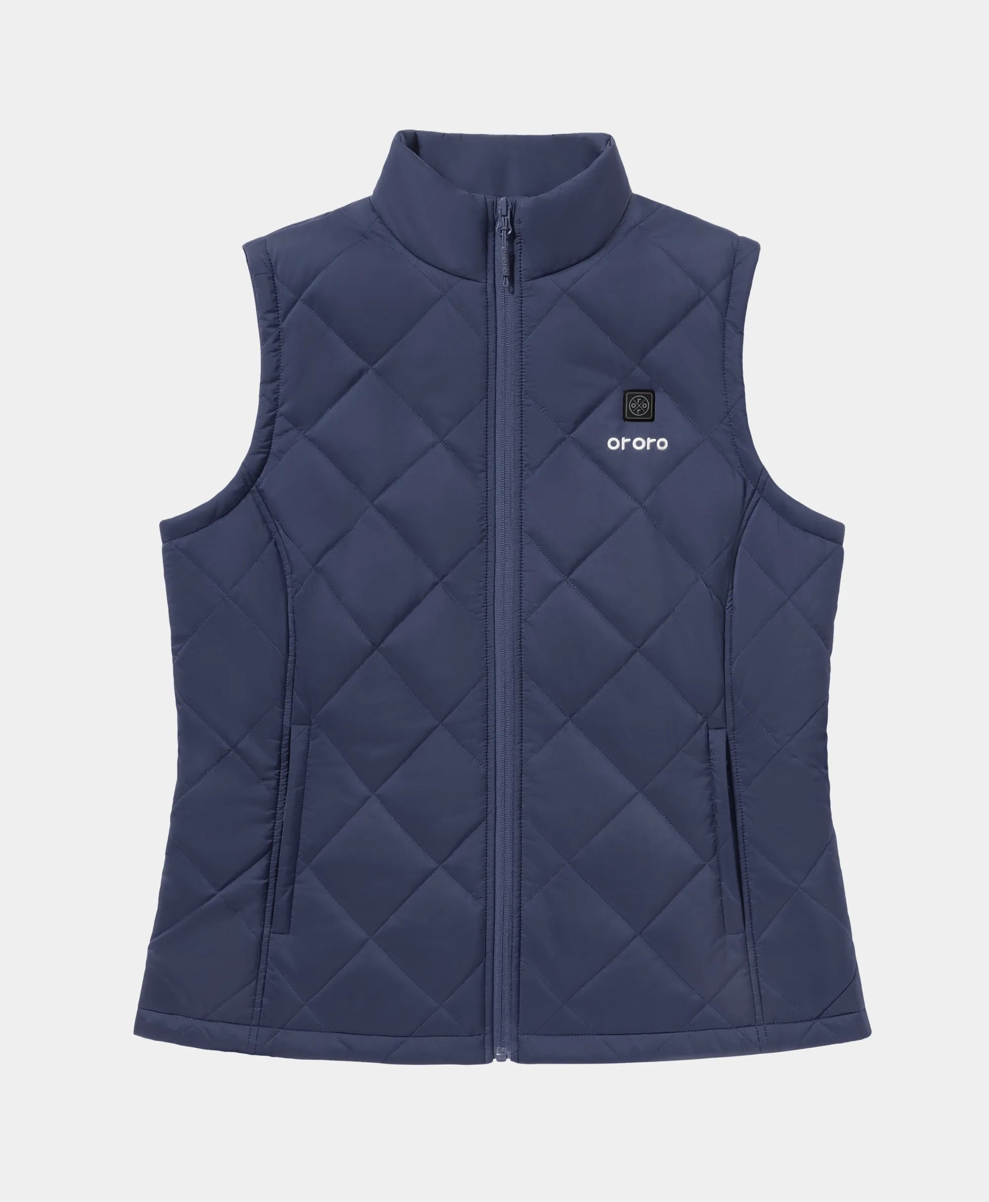 A navy blue diamond-quilted zip-up ororo Women's Heated Quilted Vest displayed against a light gray background
