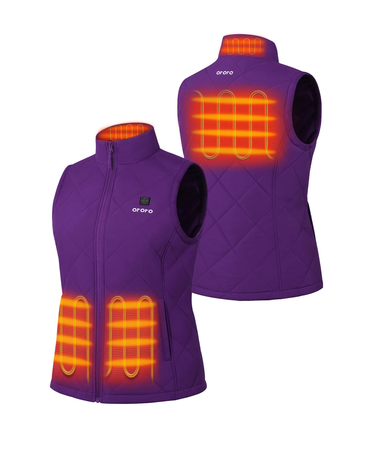 ororo Women's Heated Quilted Vest showing heating zones at the collar, front waist, and upper back