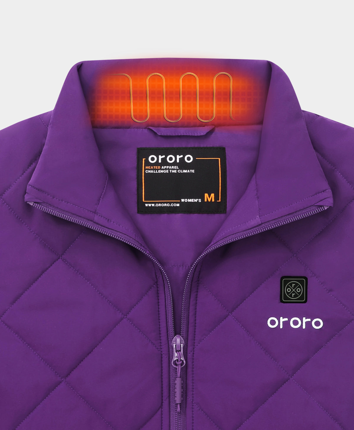 Close-up of ororo Women's Heated Quilted Vest with branded zipper pull and diamond quilting