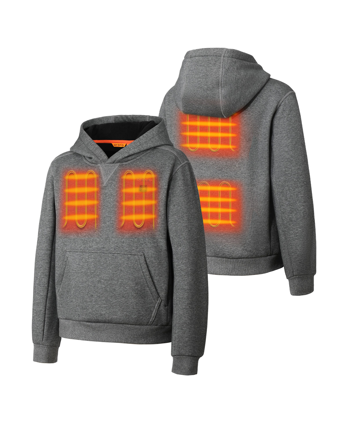 Front and back view of ororo Kids' 4-Zone Heated Pullover Hoodie showing 4 Heating Zones