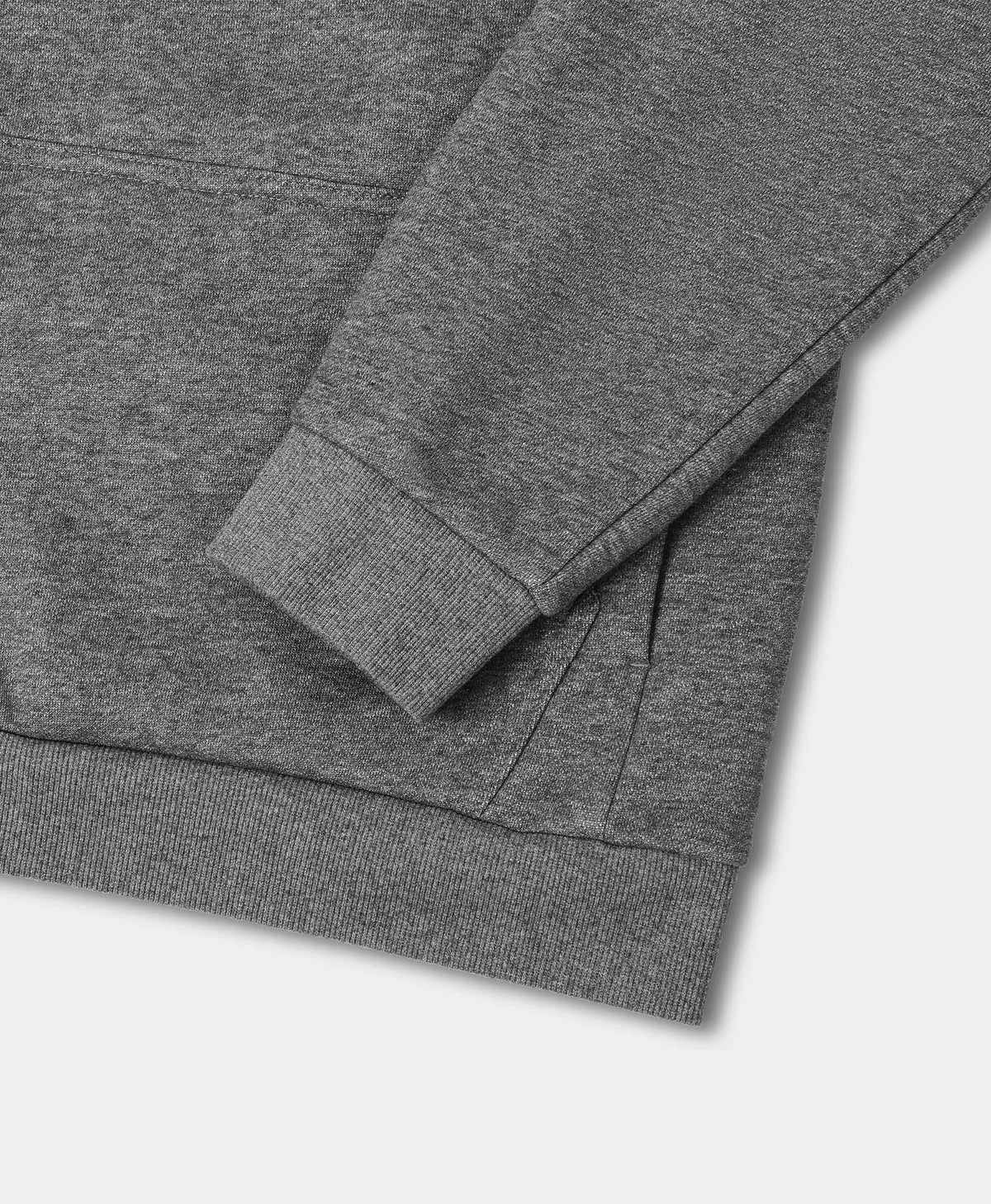 Close-up of ororo Kids' 4-Zone Heated Pullover Hoodie showing Bound hand pockets, sleeves and hem