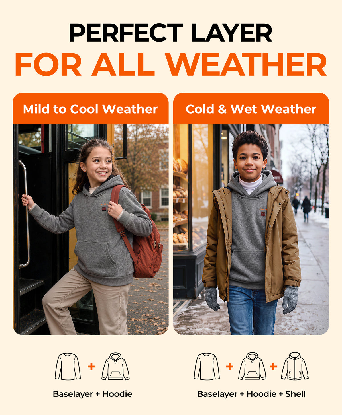 Image of ororo Kids' 4-Zone Heated Pullover Hoodie using for all weather