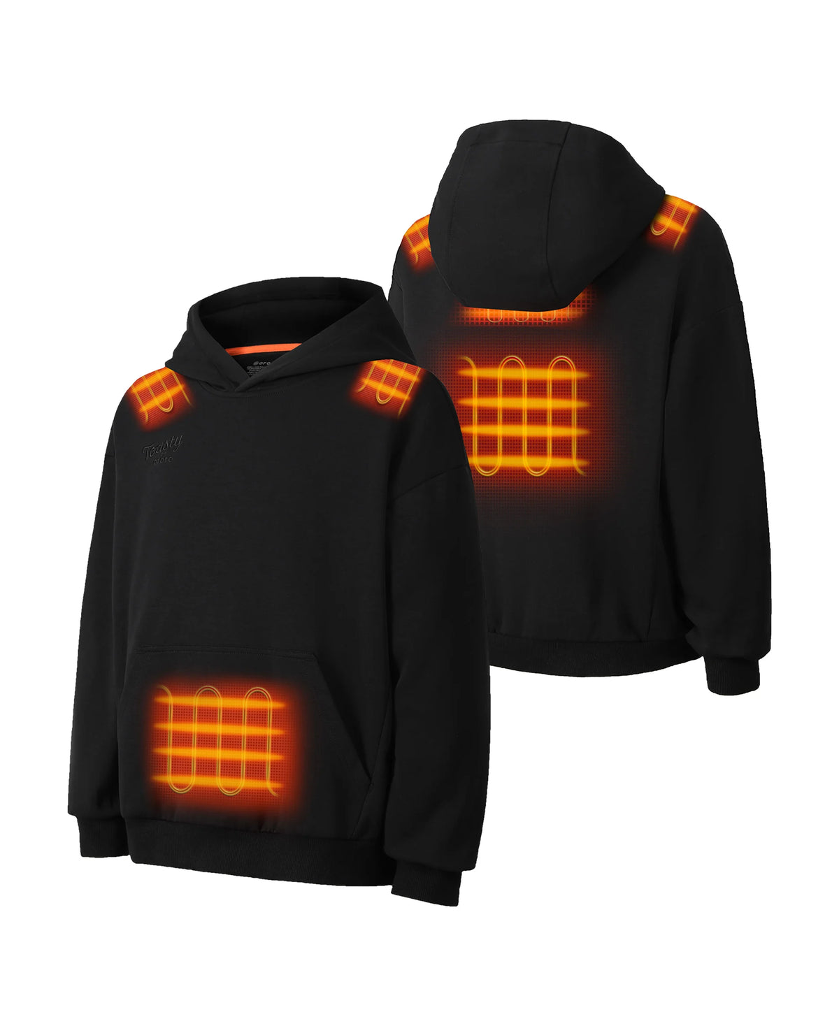5 targeted carbon-fiber heating zones of Toasty Kids' 5-Zone Heated Pullover Hoodie: shoulders, upper back, middle back, and pocket area