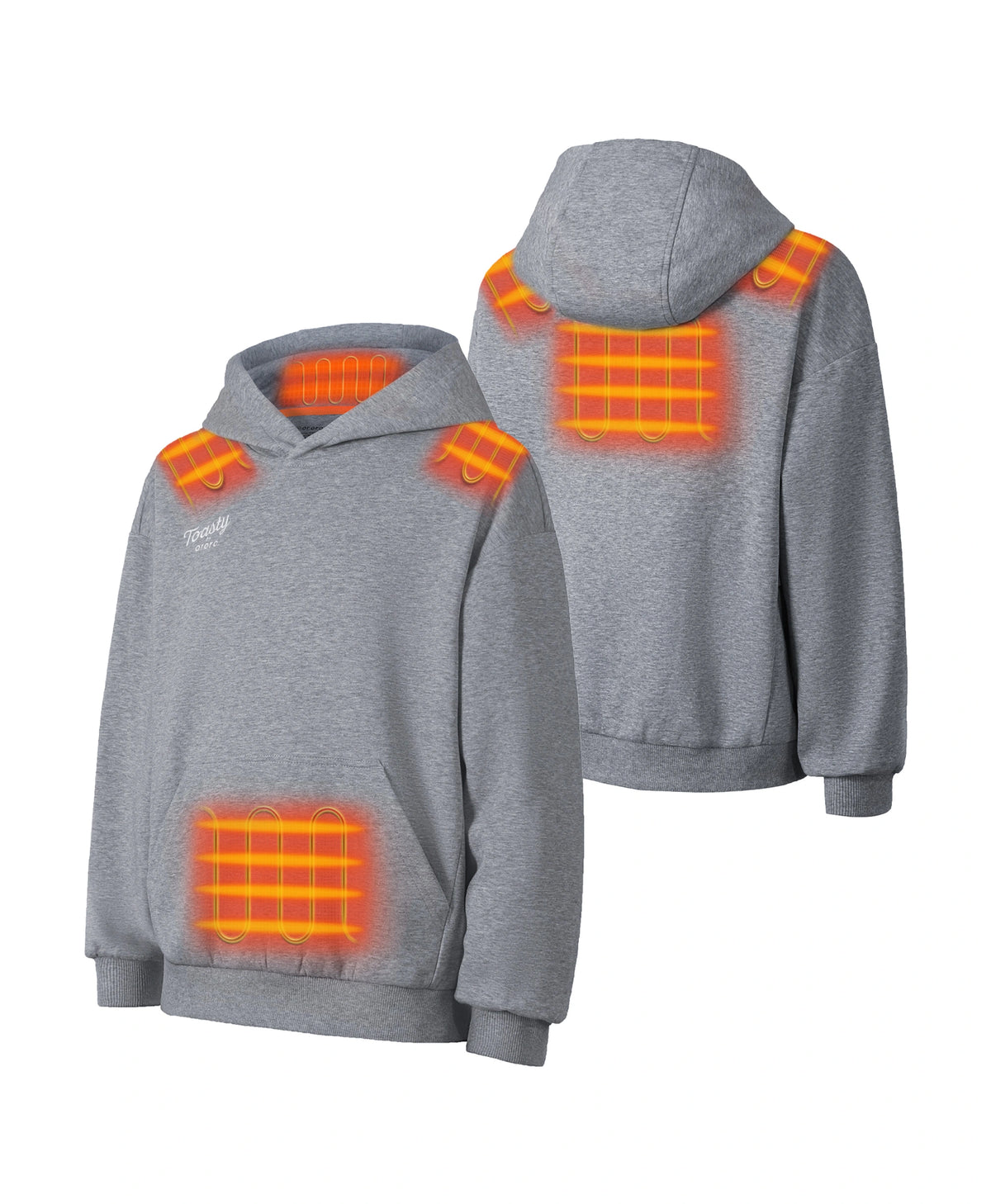 5 targeted carbon-fiber heating zones of Toasty Kids' 5-Zone Heated Pullover Hoodie: shoulders, upper back, middle back, and pocket area